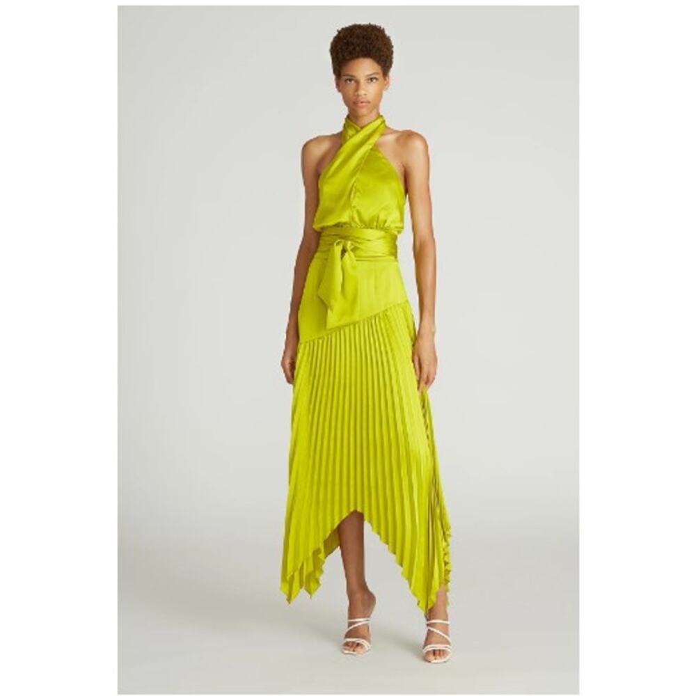 AMUR Dixon Citrine Pleated Criss Cross Halter Satin Dress NEW $598
